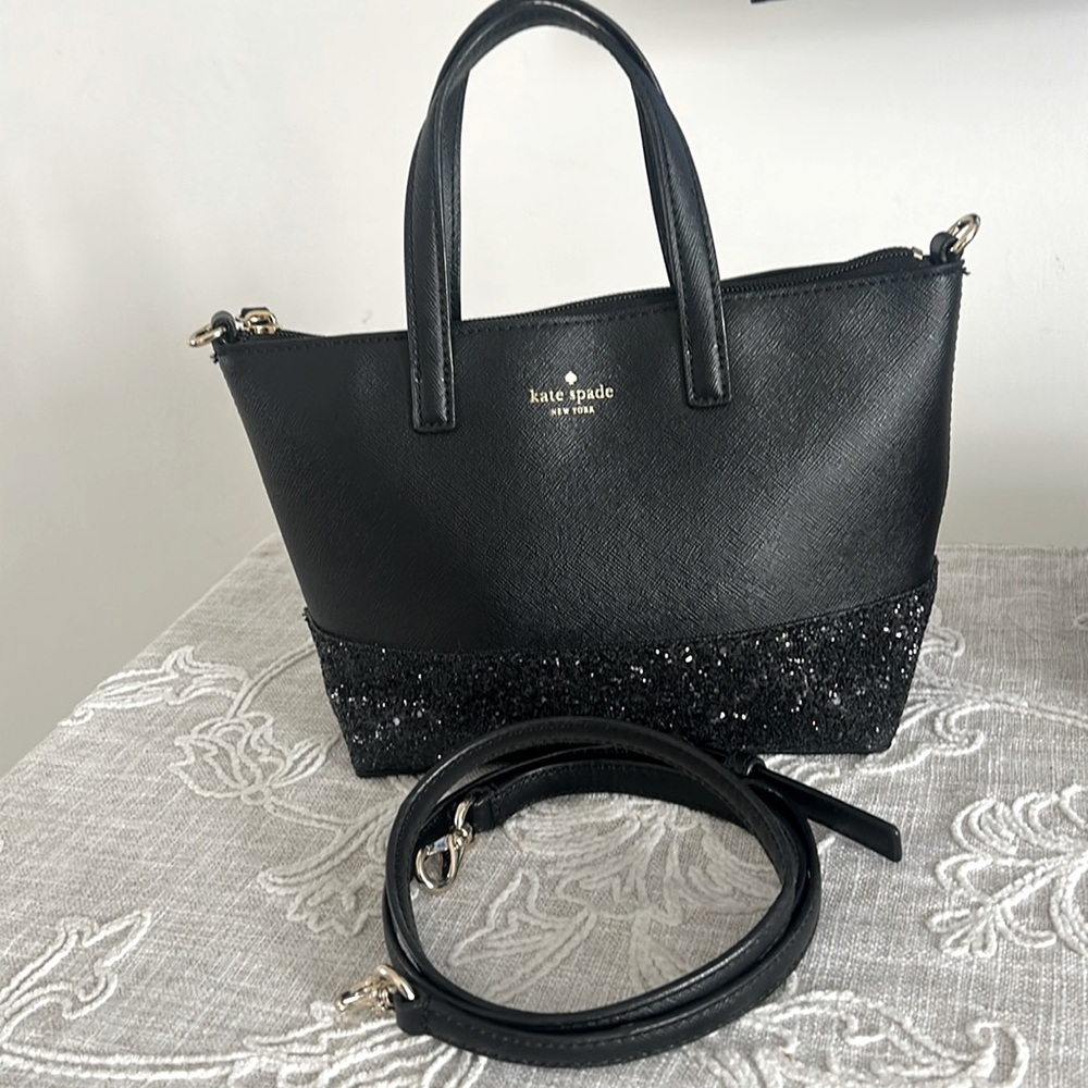 Kate Spade NY Black Greta Court Glitter & Staffiano  Satchel Bag